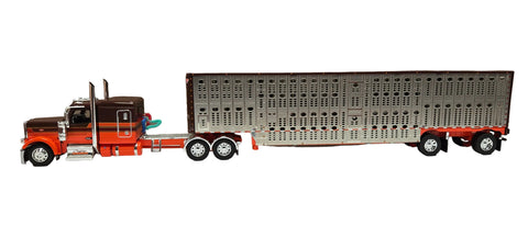 DCP by First Gear 1/64 Peterbilt 589 Day Cab with Wilson Silverstar Livestock Spread Axle Trailer – Coffey Farms Orange/Brown | Part #60-2221