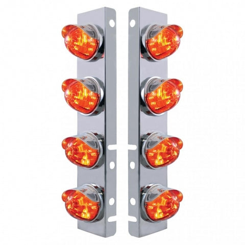 Peterbilt Stainless Front Air Cleaner Bracket w/ Eight 17 LED Watermelon Lights & Stainless Visors - Amber LED/Dark Amber Lens