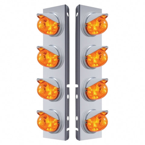Peterbilt Stainless Front Air Cleaner Bracket w/ Eight 17 LED Watermelon Lights & Visors - Amber LED/Amber Lens