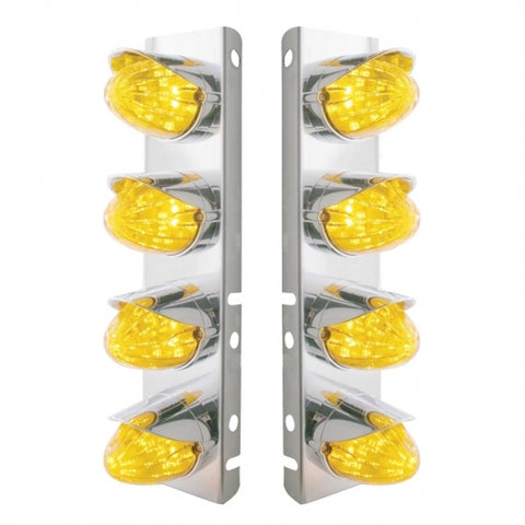 Peterbilt Stainless Front Air Cleaner Bracket w/ Eight 19 LED Watermelon Lights & Visors - Amber LED/Amber Lens