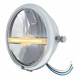 Chrome 5 3/4" Motorcycle Headlight 9 LED Bulb w/Amber LED Light Bar - Side Mount