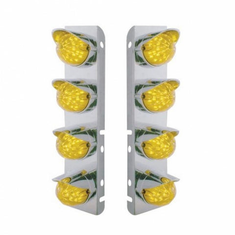 Peterbilt Stainless Front Air Cleaner Bracket w/ Eight 17 LED Dual Function Watermelon Lights & Stainless Visors - Amber LED/Amber Lens