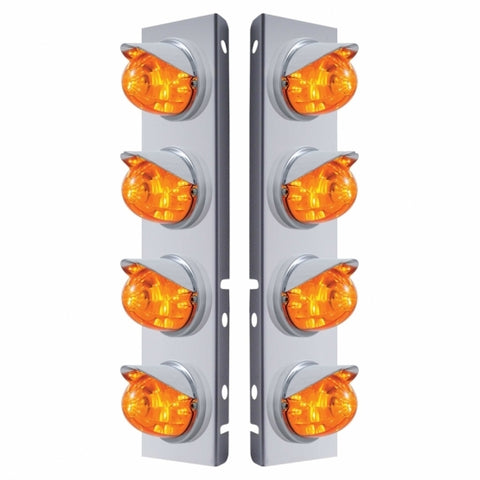 Peterbilt Stainless Front Air Cleaner Bracket w/ Eight 17 LED Dual Function Watermelon Lights & Visors - Amber LED/Amber Lens