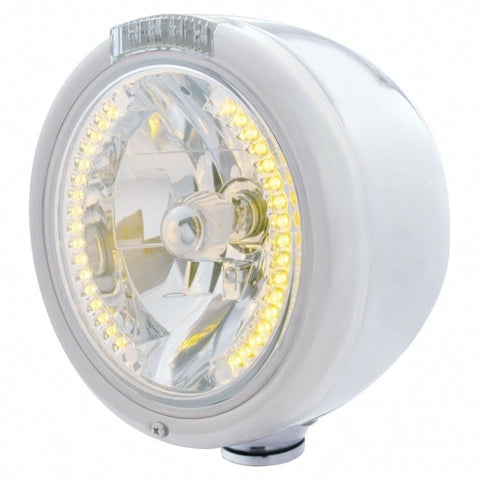 Stainless Steel Classic Half Moon Headlight H4 w/ Amber LED & Signal - Clear Lens