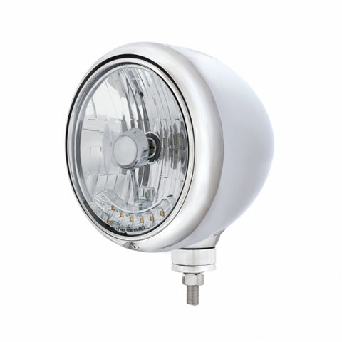 Chrome "GUIDE" Headlight w/ No Turn Signal - 6 Amber Auxiliary LED 7" Crystal H4 Bulb