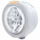 Stainless Steel Classic Half Moon Headlight H4 w/ White LED & Dual Mode LED Signal-Clear Lens