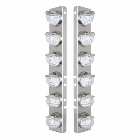 Peterbilt Stainless Front Air Cleaner Bracket w/ Twelve 17 LED Dual Function Watermelon Lights & Stainless Visors - Amber LED/Clear Lens