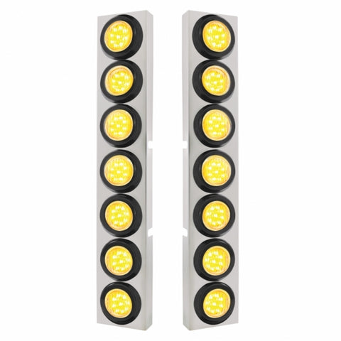 Kenworth Stainless Front Air Cleaner Bracket w/ Fourteen 9 LED 2" Lights & Grommets - Amber LED/Clear Lens