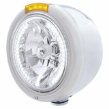 Stainless Steel Classic Half Moon Headlight H4 w/ White LED & Signal - Amber Lens