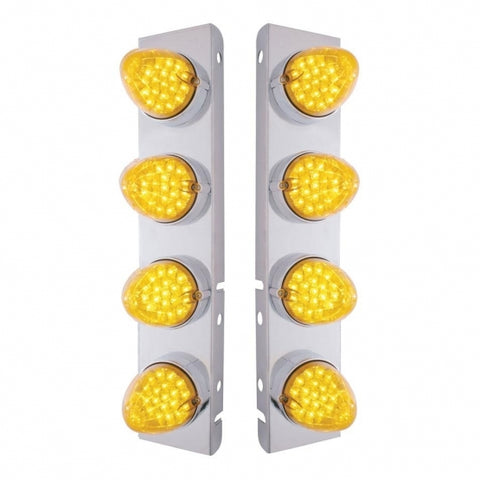 Peterbilt Stainless Front Air Cleaner Bracket w/ Eight 19 LED Reflector Lights & Bezels - Amber LED/Amber Lens
