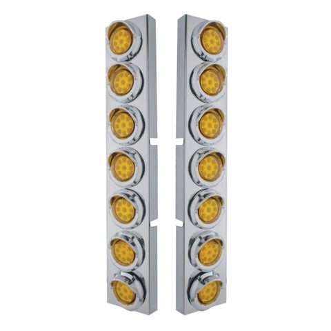 Kenworth Stainless Front Air Cleaner Bracket w/ Fourteen 9 LED 2" Reflector Lights & Visors - Amber LED/Amber Lens