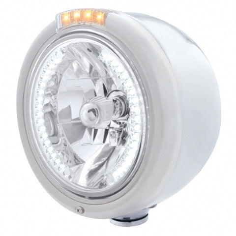 Stainless Steel Classic Half Moon Headlight H4 w/ White LED & Signal - Clear Lens