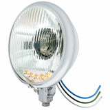 Chrome 5 3/4" Motorcycle Headlight H4 Bulb w/5 Amber LED - Bottom Mount