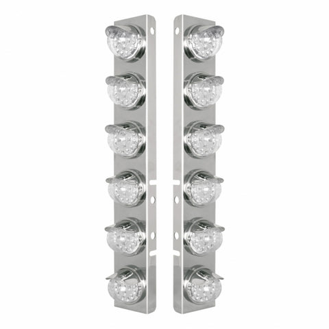 Peterbilt Stainless Front Air Cleaner Bracket w/ Twelve 17 LED Clear Style Reflector Lights & Stainless Visors - Amber LED/Clear Lens