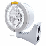 Stainless Steel Bullet Half Moon Headlight H4 w/ White LED & Signal - Amber Lens