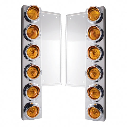 Freightliner Stainless Front Air Cleaner Bracket w/ Twelve 9 LED 2" Beehive Lights & Visors - Amber LED/Amber Lens