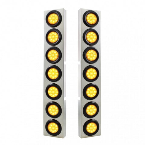 Kenworth Stainless Front Air Cleaner Bracket w/ Fourteen 9 LED 2" Reflector Lights & Grommets - Amber LED/Amber Lens
