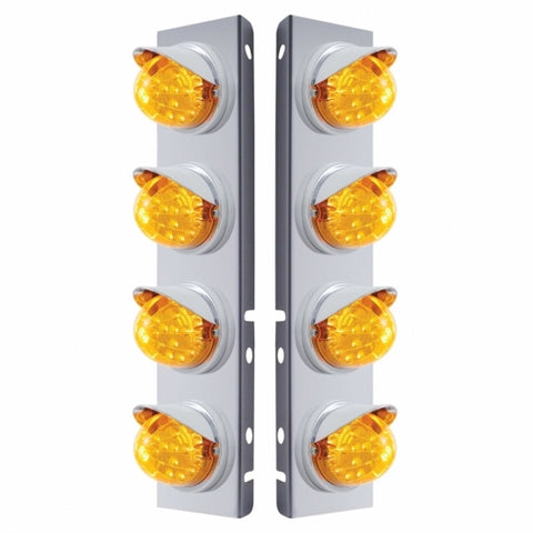 Peterbilt Stainless Front Air Cleaner Bracket w/ Eight 17 LED Dual Function Clear Style Reflector Lights & Visors - Amber LED/Amber Lens