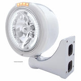 Stainless Steel Classic Half Moon Headlight H4 w/ White LED & Signal - Clear Lens