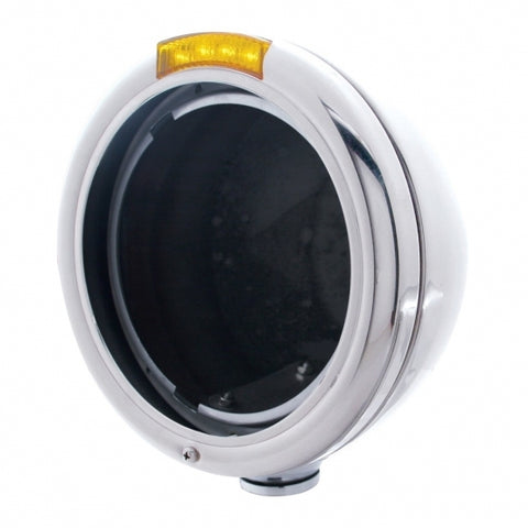 Stainless Steel Classic Headlight No Bulb w/ LED Turn Signal - Amber LED/Amber Lens