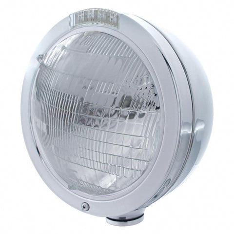 Stainless Steel Bullet Classic Headlight 6014 Bulb & LED Turn Signal - Clear Lens