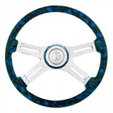 18" 4 Spoke Skull Steering Wheel With Matching Skull Horn Bezel - Blue