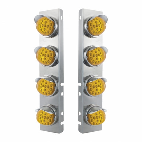 Peterbilt Stainless Front Air Cleaner Bracket w/ Eight 17 LED Clear Style Reflector Lights & Stainless Visors - Amber LED/Amber Lens