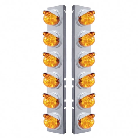 Peterbilt Stainless Front Air Cleaner Bracket w/ Twelve 17 LED Reflector Watermelon Lights & Visors - Amber LED/Amber Lens