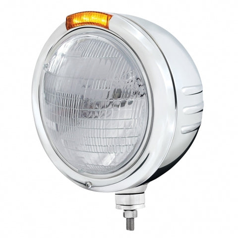 Stainless Steel Classic Embossed Stripe Headlight 6014 & Dual Mode LED Signal - Amber Lens