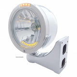 Stainless Steel Bullet Half Moon Headlight H4 w/ 10 Amber LED & Dual Mode LED Signal-Clear Lens