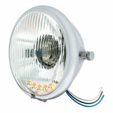 Chrome 5 3/4" Motorcycle Headlight H4 Bulb w/5 Amber LED - Side Mount