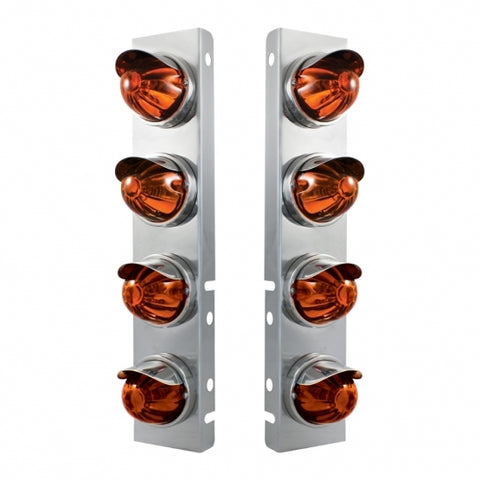 Peterbilt Stainless Front Air Cleaner Bracket w/ Eight Glass Watermelon Lights & Stainless Visors - Dark Amber Lens