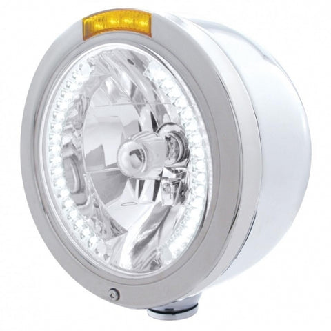 Stainless Steel Bullet Half Moon Headlight H4 w/ White LED & Signal - Amber Lens