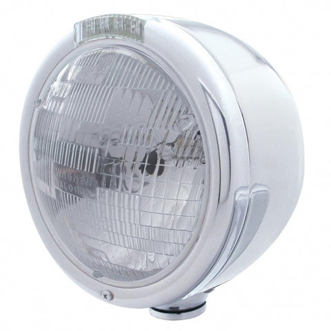 Stainless Steel Classic Half Moon Headlight H6024 Bulb & LED Turn Signal - Clear Lens