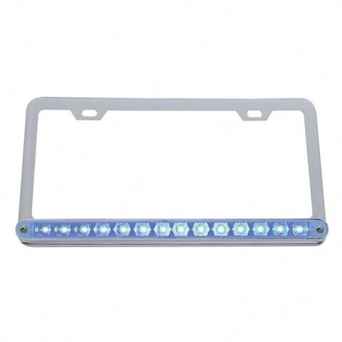 Chrome License Frame w/ 14 LED 12" Light Bar - Blue LED/Clear Lens