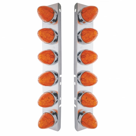 Peterbilt Stainless Front Air Cleaner Bracket w/ Twelve 19 LED Watermelon Lights & Bezels - Amber LED/Dark Amber Lens