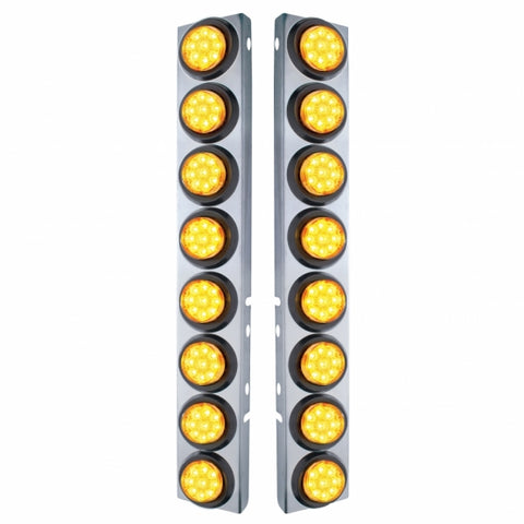 Peterbilt Stainless Front Air Cleaner Bracket w/ Sixteen 9 LED 2" Reflector Lights & Grommets - Amber LED/Amber Lens