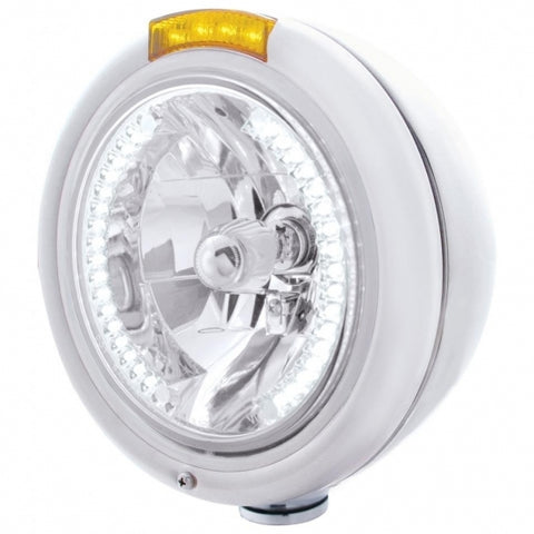Stainless Steel Classic Headlight H4 w/34 White LED & Signal - Amber Lens
