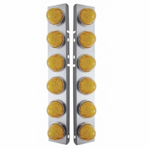 Peterbilt Stainless Front Air Cleaner Bracket w/ Twelve 17 LED Dual Function Watermelon Lights & Stainless Bezels - Amber LED/Amber Lens