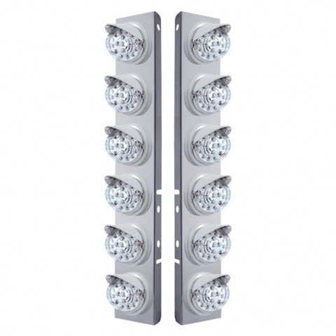 Peterbilt Stainless Front Air Cleaner Bracket w/ Twelve 17 LED Dual Function Clear Style Reflector Lights & Visors - Amber LED/Clear Lens