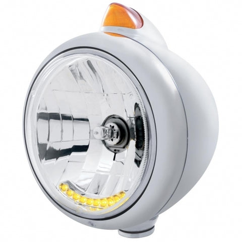 Chrome Guide 682-C Headlight H4 w/ 10 Amber LED & Original Style Turn - Amber Lens