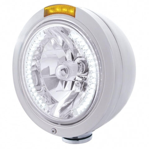 Stainless Steel Bullet Classic Headlight H4 w/ White LED & Signal - Amber Lens