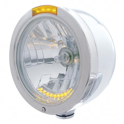Stainless Steel Bullet Half Moon Headlight H4 w/ 10 Amber LED & Signal - Amber Lens