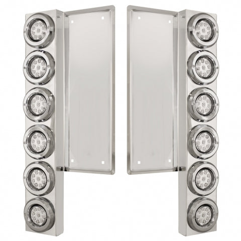 Freightliner Stainless Front Air Cleaner Bracket w/ Twelve 9 LED 2" Reflector Lights & Bezels - Amber LED/Clear Lens