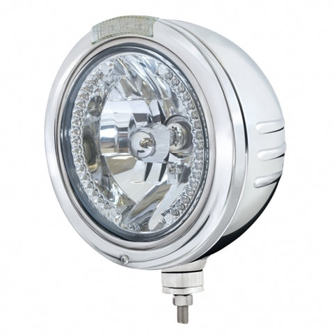 Stainless Steel Bullet Embossed Stripe Headlight H4 w/ White LED & Dual Mode LED Signal - Clear Lens