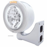 Stainless Steel Classic Half Moon Headlight H4 w/ White LED & Dual Mode LED Signal-Clear Lens