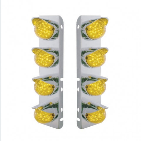 Peterbilt Stainless Front Air Cleaner Bracket w/ Eight 17 LED Watermelon Lights & Stainless Visors - Amber LED/Amber Lens