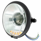 Black 5 3/4" Motorcycle Headlight H4 Bulb w/5 Amber LED - Side Mount