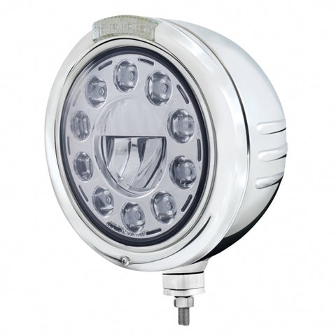 Stainless Steel Classic Embossed Stripe Headlight 11 LED Bulb & Dual Mode LED Signal - Clear Lens