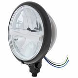 Black 5 3/4" Motorcycle Headlight 8 LED Bulb w/Silver Bar - Bottom Mount
